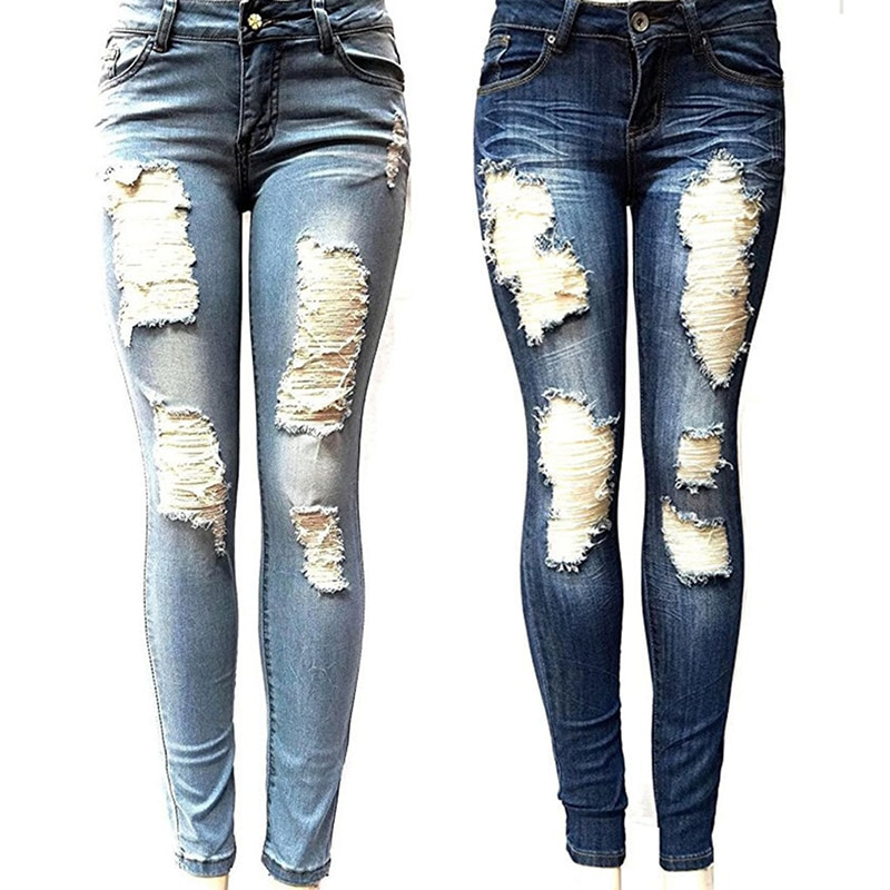 Autumn White Hole Skinny Ripped Jeans Women Jeggings Cool Denim